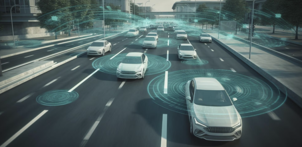 A digital interface displaying real-time AI-powered speed detection, showing vehicles being monitored.