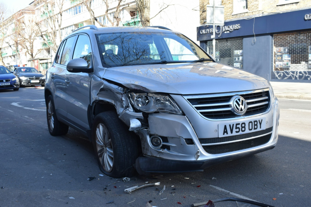 A silver car after a crash
